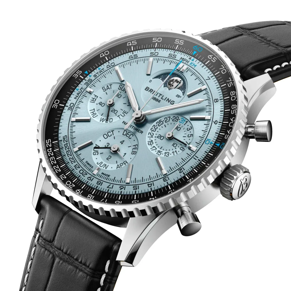 Breitling Navitimer B19 Chronograph 43 Perpetual Calendar, Stainless steel & platinum · 43 mm · Ice blue