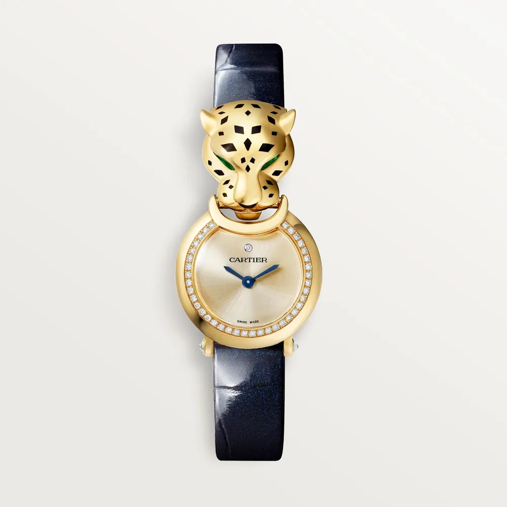 Cartier La Panthère de Cartier, Quartz movement, yellow gold, diamonds, tsavorites, lacquer, leather