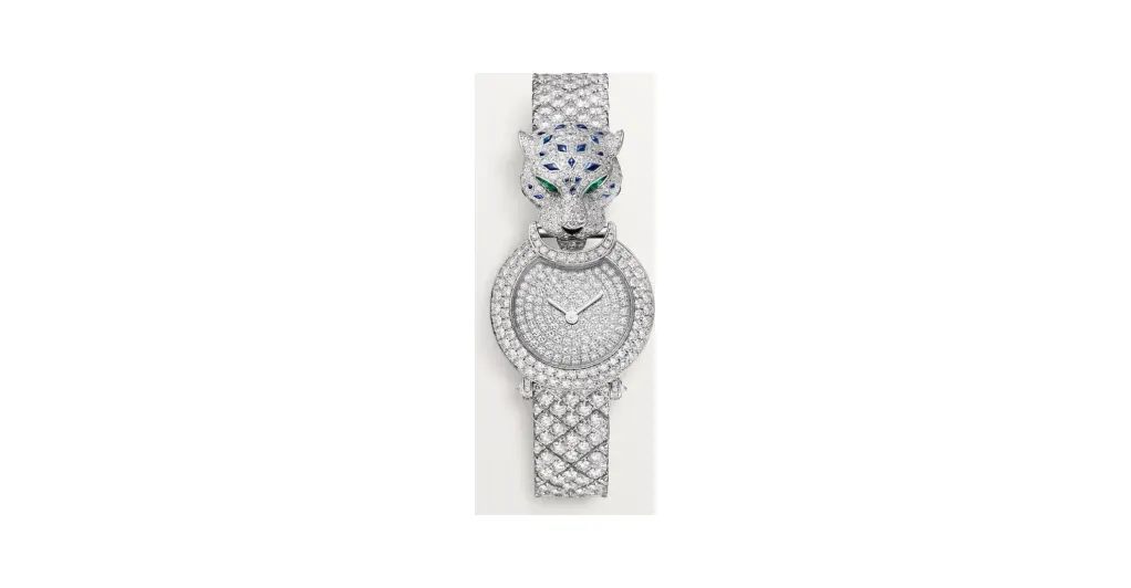 Cartier La Panthère de Cartier, Quartz movement, rhodium-finish white gold, sapphires, emeralds, diamonds