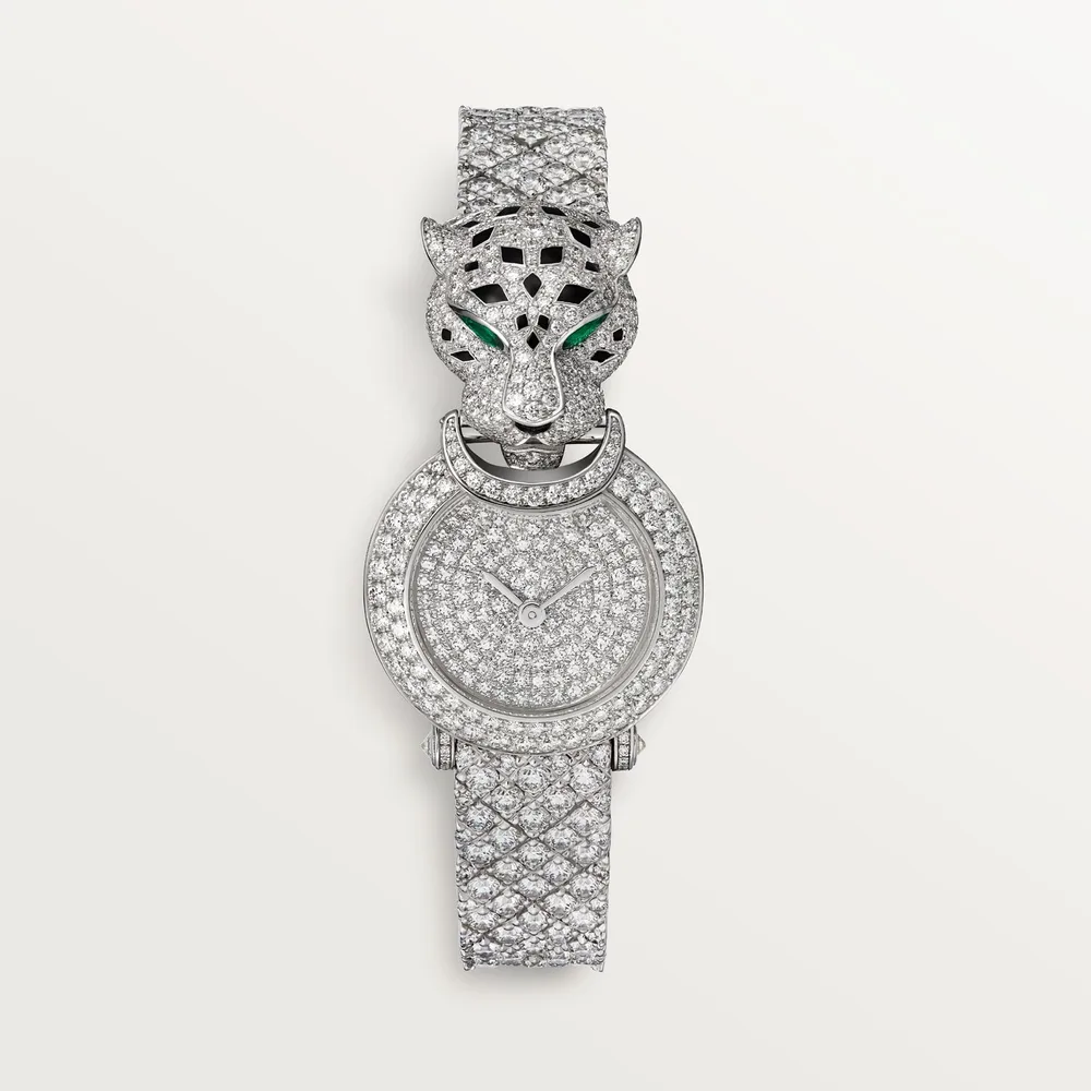 Cartier La Panthère de Cartier, Quartz movement, rhodium-finish white gold, emeralds, lacquer, diamonds