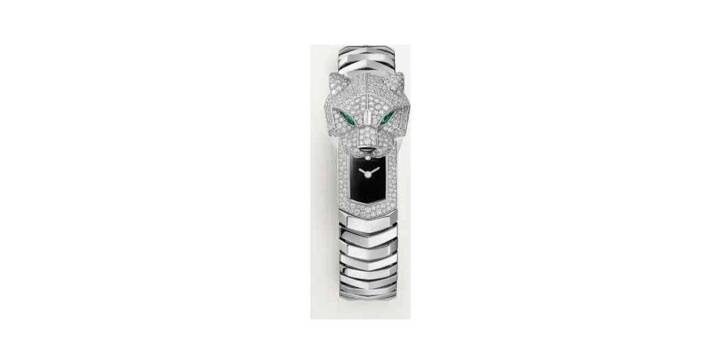 Cartier La Panthère de Cartier, Quartz movement, rhodium-finish white gold, emeralds, lacquer, diamonds