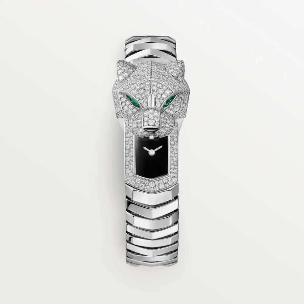 Cartier La Panthère de Cartier, Quartz movement, rhodium-finish white gold, emeralds, lacquer, diamonds