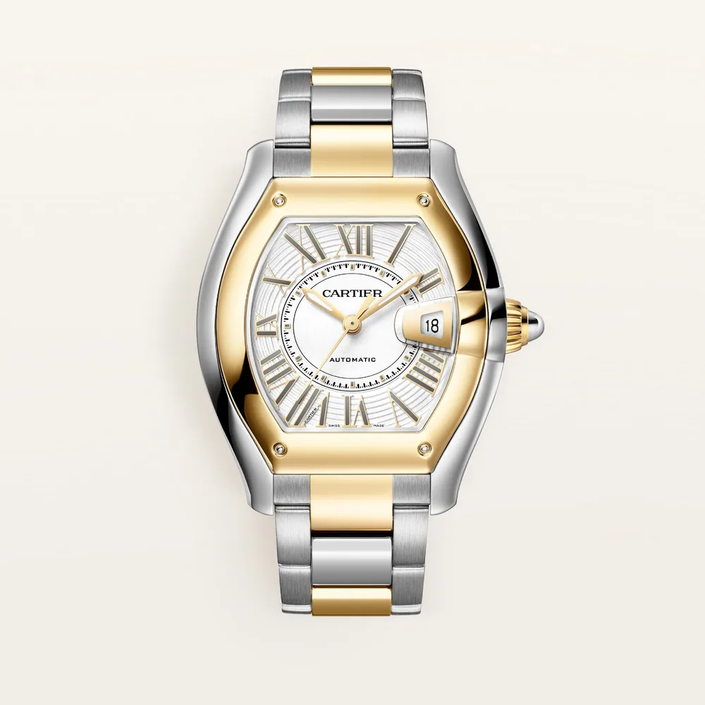 Cartier Roadster, Large model, automatic movement, yellow gold, steel, interchangeable metal bracelet and leather straps