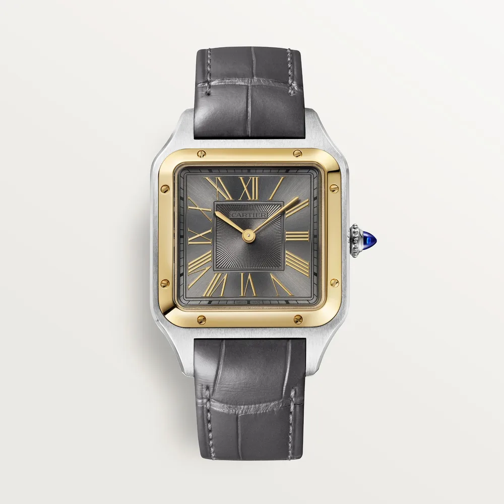 Cartier Santos-Dumont, Large model, quartz movement, yellow gold, steel, leather