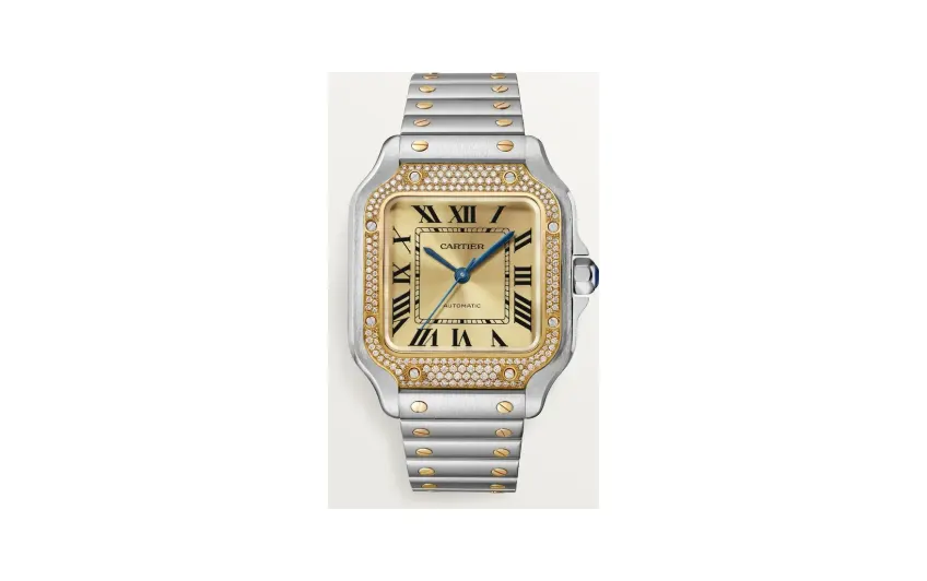 Cartier Santos de Cartier, Medium model, automatic movement, yellow gold, steel, diamonds, interchangeable metal and leather bracelets