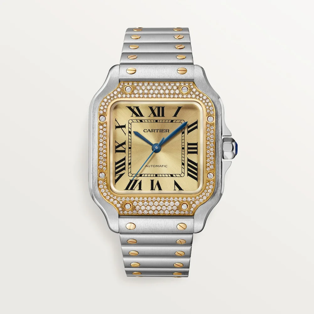 Cartier Santos de Cartier, Medium model, automatic movement, yellow gold, steel, diamonds, interchangeable metal and leather bracelets