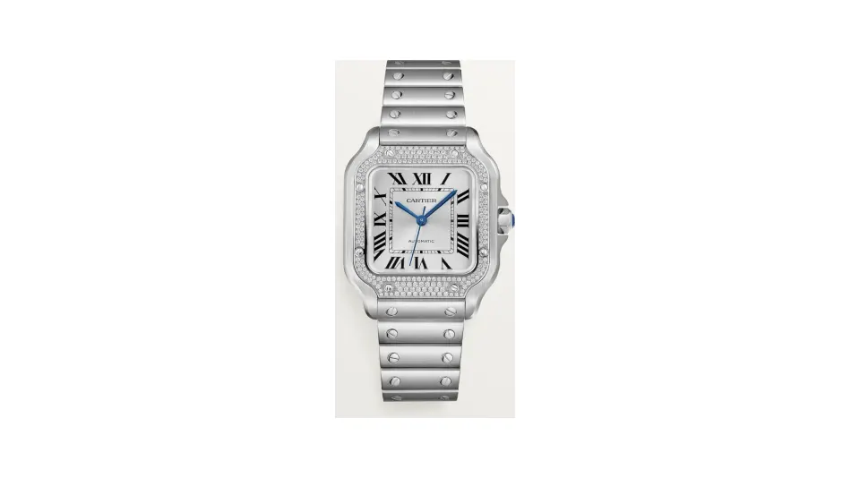 Cartier Santos de Cartier, Medium model, automatic, steel, diamonds, interchangeable metal and leather bracelets