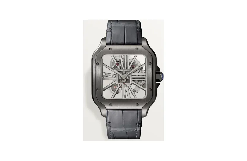 Cartier Santos de Cartier skeleton, Large model, hand-wound mechanical movement, steel, Adlc, leather