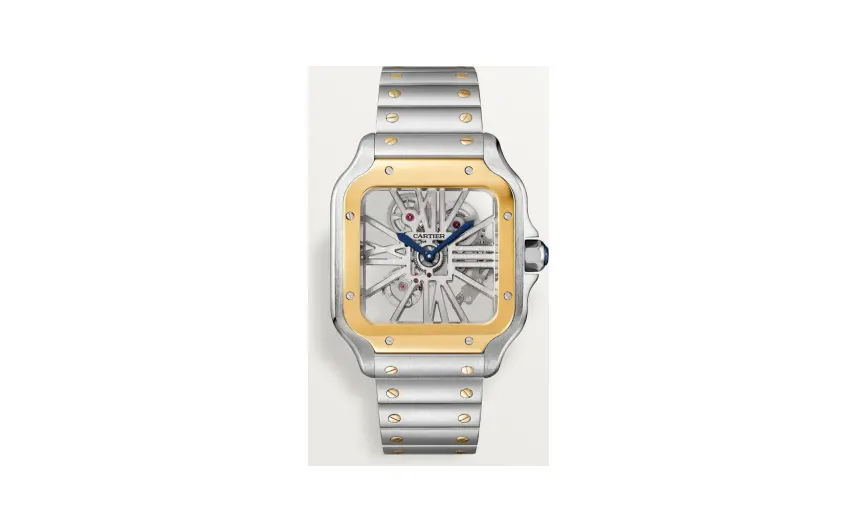 Cartier Santos de Cartier skeleton, Large model, hand-wound mechanical movement, yellow gold, steel, leather