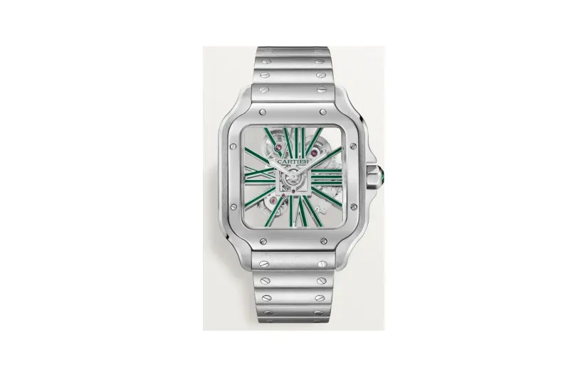Cartier Santos de Cartier skeleton, Large model, hand-wound mechanical movement, steel, interchangeable metal and leather bracelets