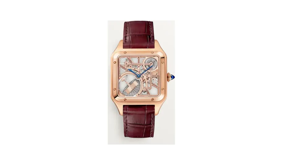 Cartier Santos-Dumont skeleton equipped with a micro-rotor, Large model, automatic mechanical skeleton movement, rose gold, leather