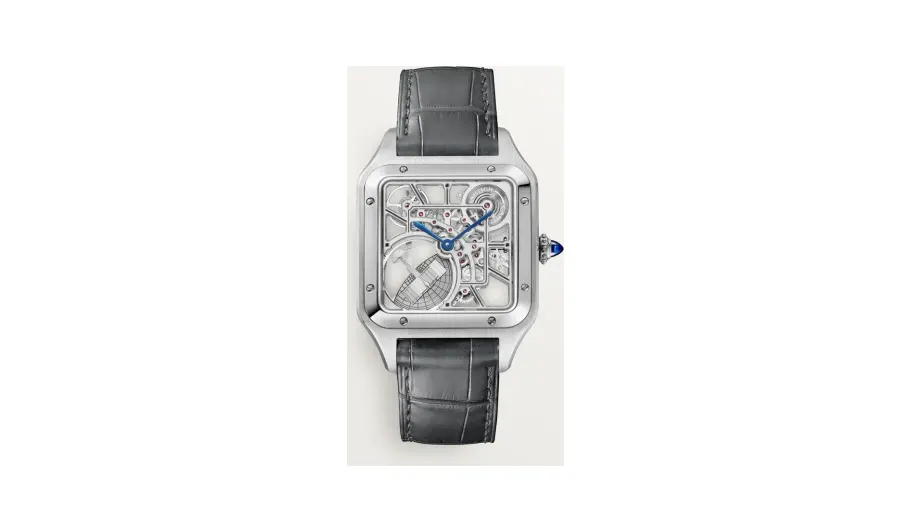 Cartier Santos-Dumont skeleton equipped with a micro-rotor, Large model, automatic mechanical skeleton movement, steel, leather
