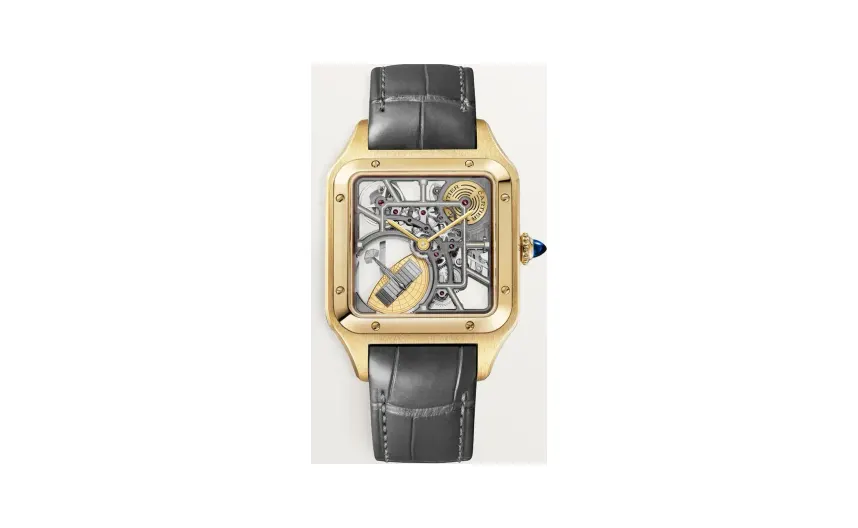 Cartier Santos-Dumont skeleton equipped with a micro-rotor, Large model, automatic skeleton movement, yellow gold, 2 leather straps