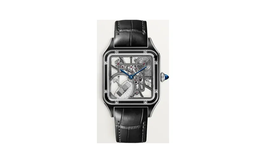 Cartier Santos-Dumont skeleton equipped with a micro-rotor, Large model, automatic skeleton movement, steel, lacquer, 2 leather straps
