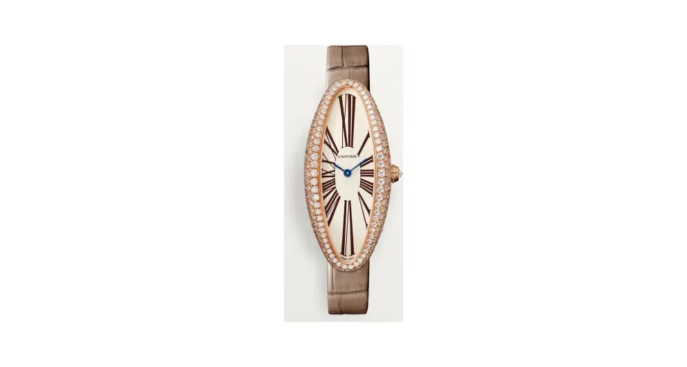 Cartier Baignoire Allongée, Medium model, hand-wound mechanical movement, rose gold, diamonds
