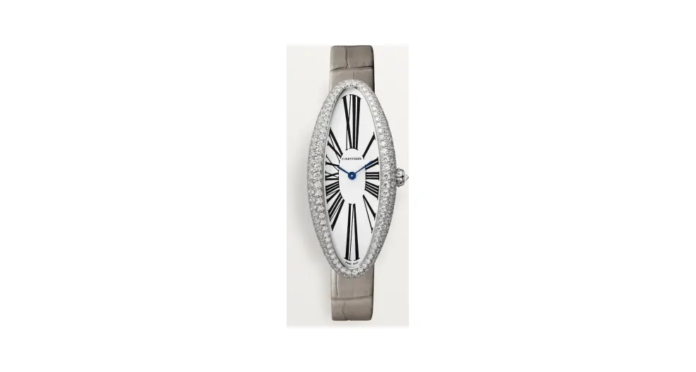 Cartier Baignoire Allongée, Medium model, hand-wound mechanical movement, white gold, diamonds
