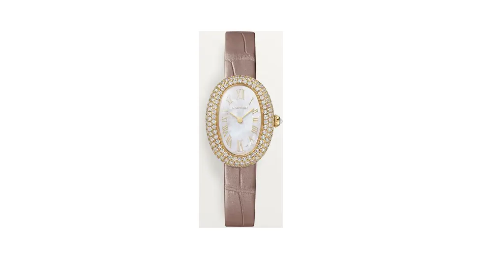 Cartier Baignoire, Small model, quartz movement, yellow gold, mother-of-pearl, diamonds, leather