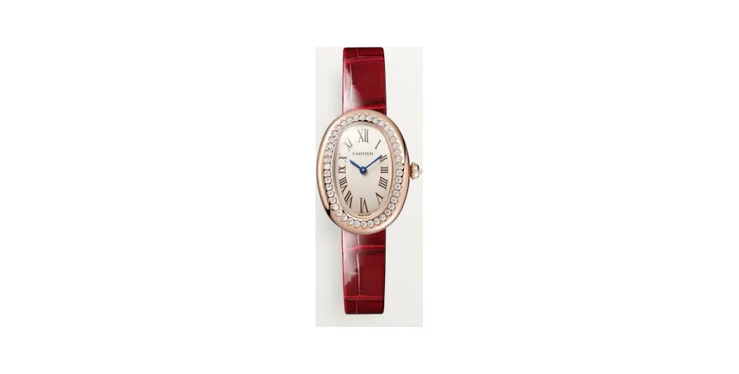 Cartier Baignoire, Small model, quartz movement, rose gold, diamonds, leather