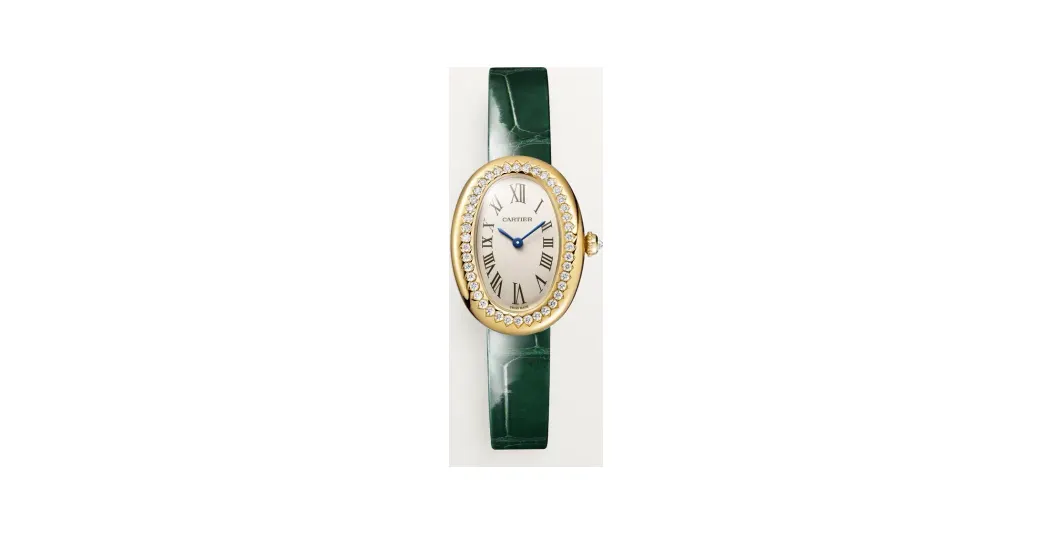 Cartier Baignoire, Small model, quartz movement, yellow gold, diamonds, leather