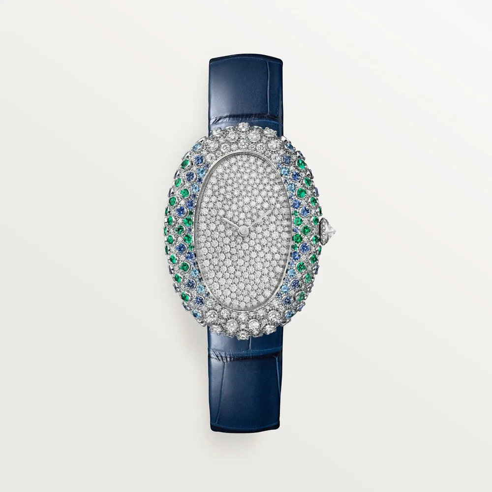 Cartier Baignoire, Medium model, quartz movement, white gold, sapphires, emeralds, diamonds, leather