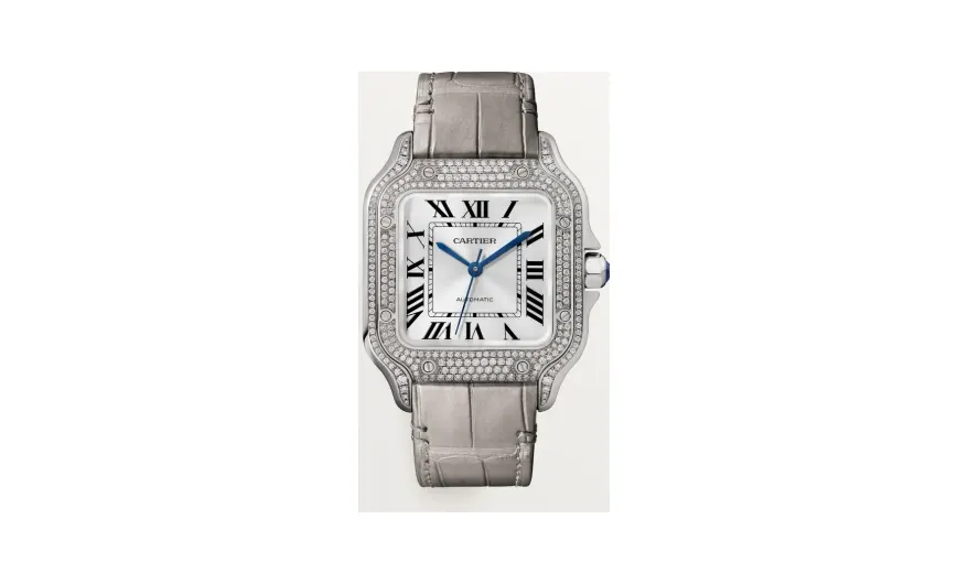 Cartier Santos de Cartier, Medium model, automatic movement, white gold, diamonds, 2 interchangeable leather bracelets