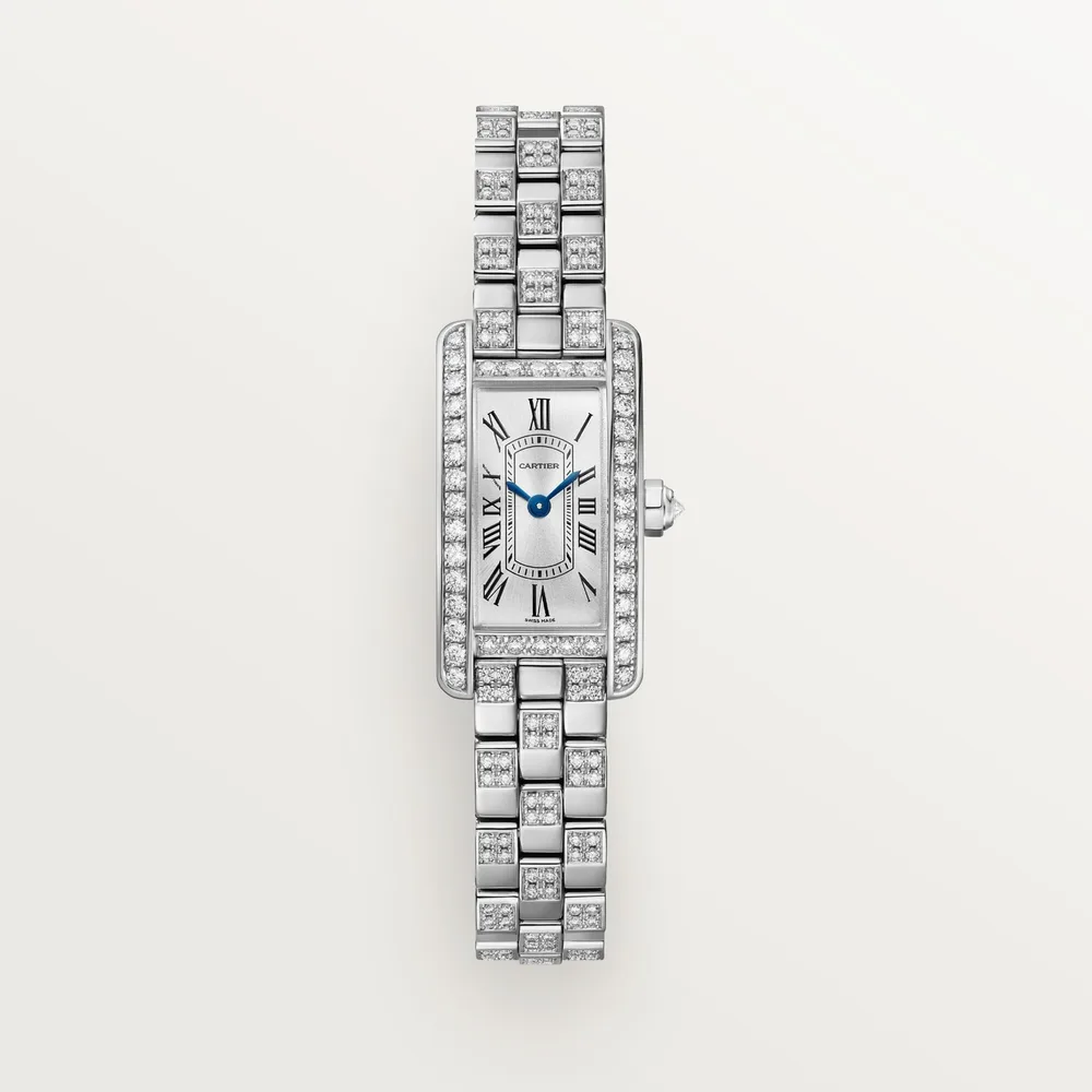 Cartier Tank Américaine, Mini model, quartz movement - high autonomy, white gold, diamonds