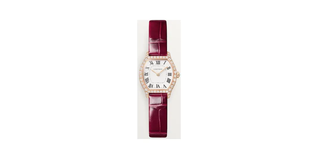 Cartier Tortue, Mini model, quartz movement, rose gold, diamonds, leather