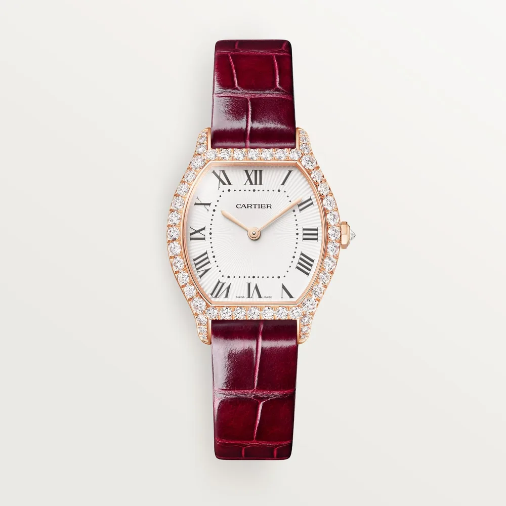 Cartier Tortue, Small model, quartz movement, rose gold, diamonds, leather