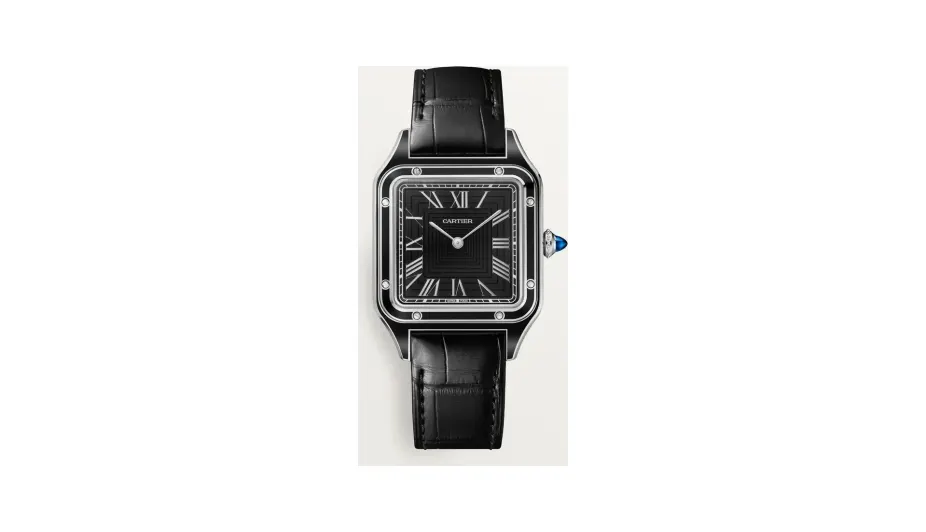 Cartier Santos-Dumont, Large model, hand-wound mechanical movement, steel, lacquer, leather