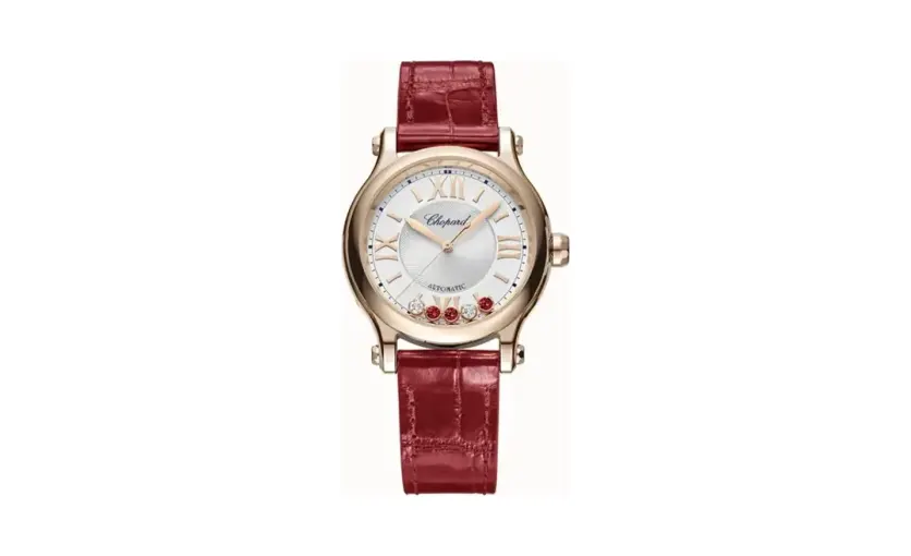 Chopard Happy Sport, 33 mm, automatic, ethical rose gold, diamonds, rubies