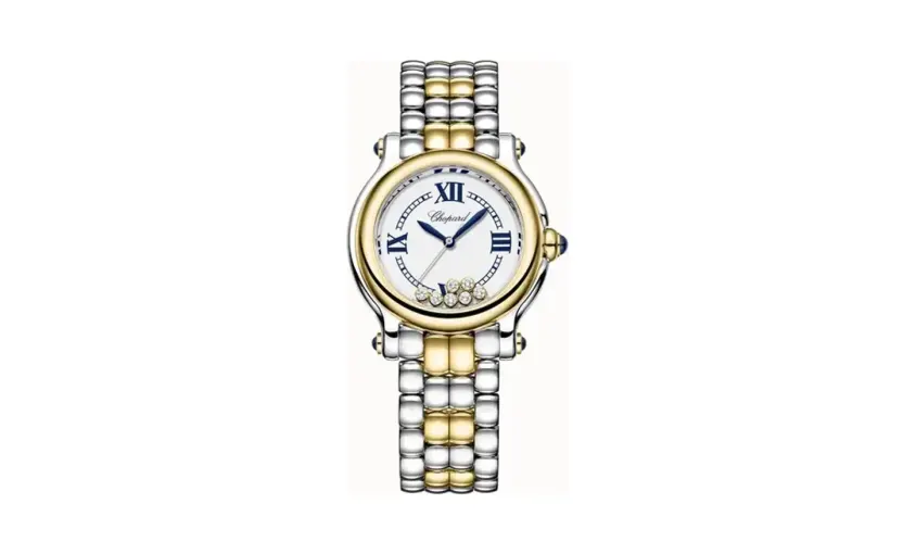 Chopard Happy Sport The First, 33 mm, quartz, ethical yellow gold, Lucent Steel™, diamonds