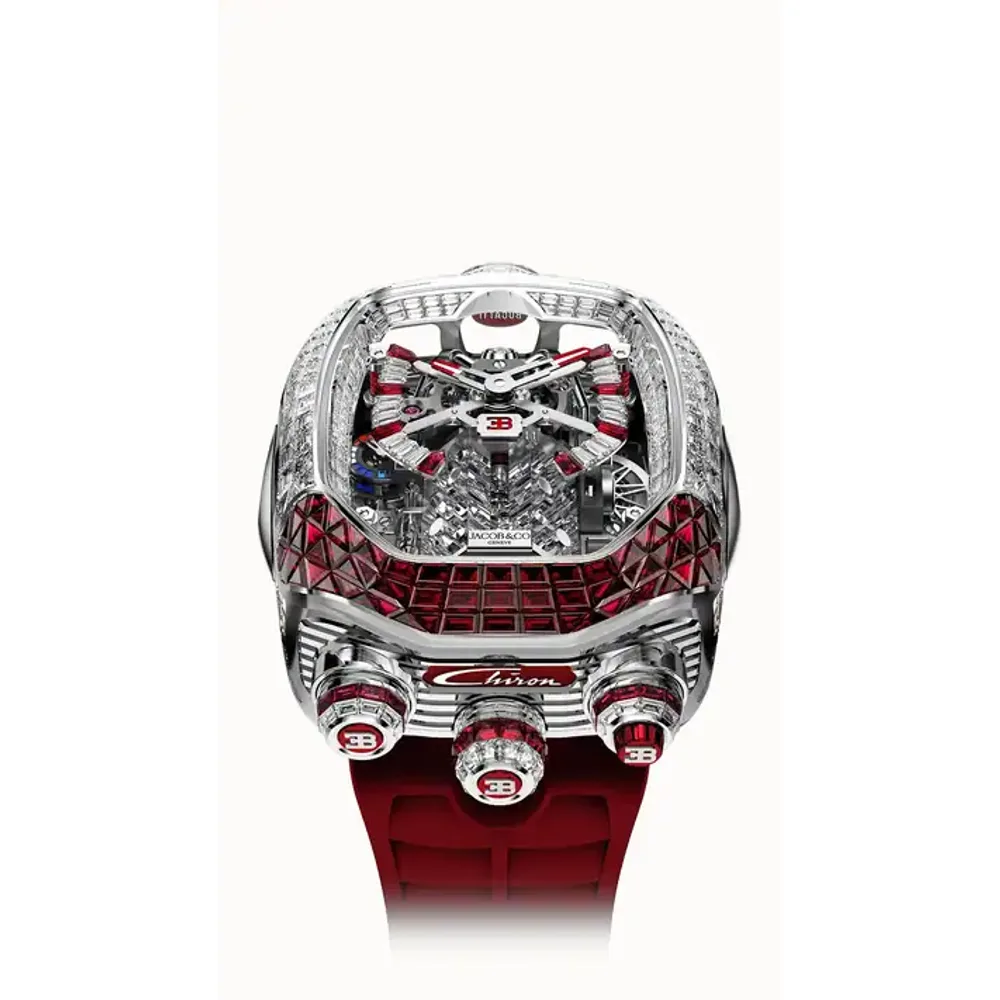 Jacob & Co. Bugatti Chiron Tourbillon Baguette — White Gold (Diamonds & Rubies)