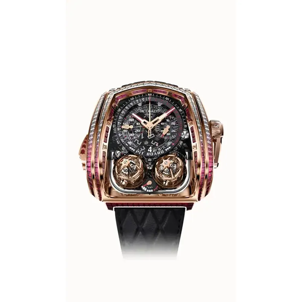 Jacob & Co. Twin Turbo Furious Baguette — Rose Gold with White Diamonds and Rubies