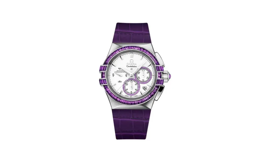 Omega Constellation Co-Axial 35 Chronograph Double Eagle White Gold / Silver / Purple Alligator