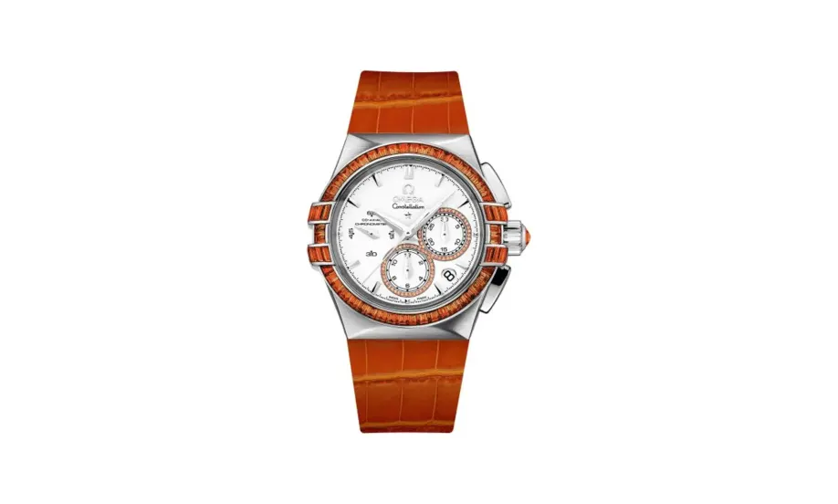Omega Constellation Co-Axial 35 Chronograph Double Eagle White Gold / Silver / Orange Alligator