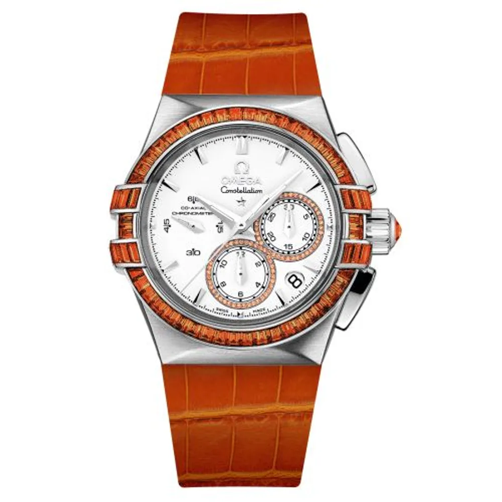 Omega Constellation Co-Axial 35 Chronograph Double Eagle White Gold / Silver / Orange Alligator