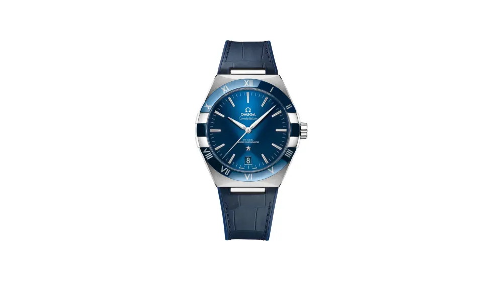 Omega Constellation 41 mm, steel on leather strap, Blue dial