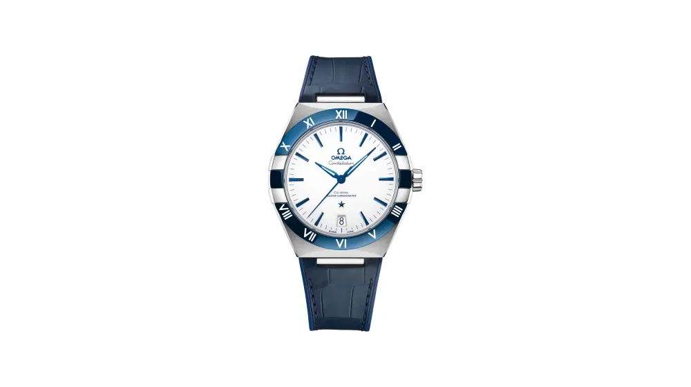 Omega Constellation 41 mm, steel on leather strap, White dial