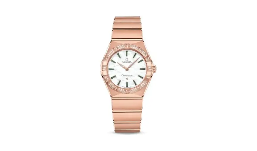 Omega Constellation Manhattan 28 Quartz Sedna Gold / MOP - Emerald / Diamond