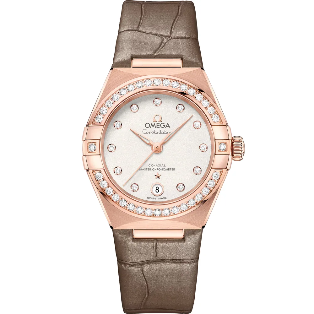 Omega Constellation 29 mm, Sedna™ gold on leather strap, Silver dial