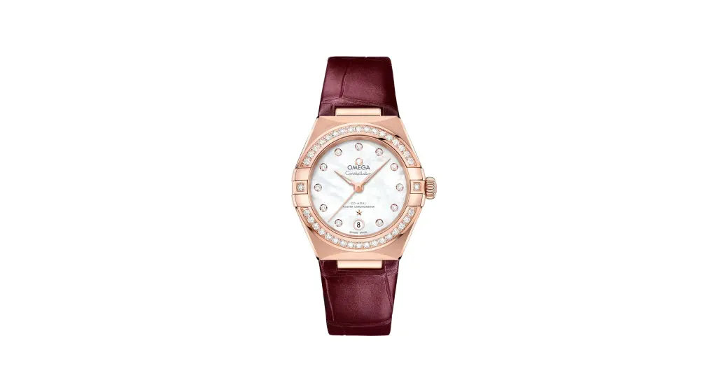 Omega Constellation 29 mm, Sedna™ gold on leather strap, White dial