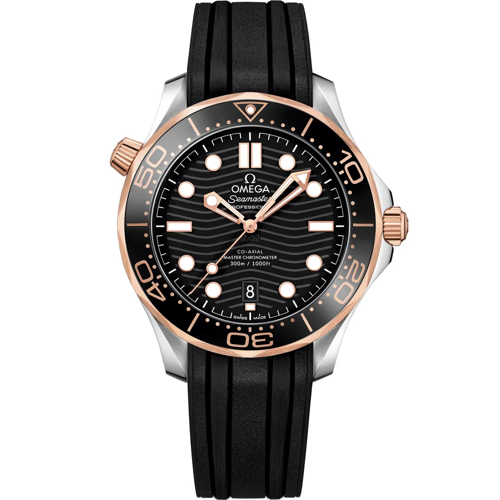 Omega Seamaster Diver 300M 42 mm, steel ‑ Sedna™ gold on rubber strap