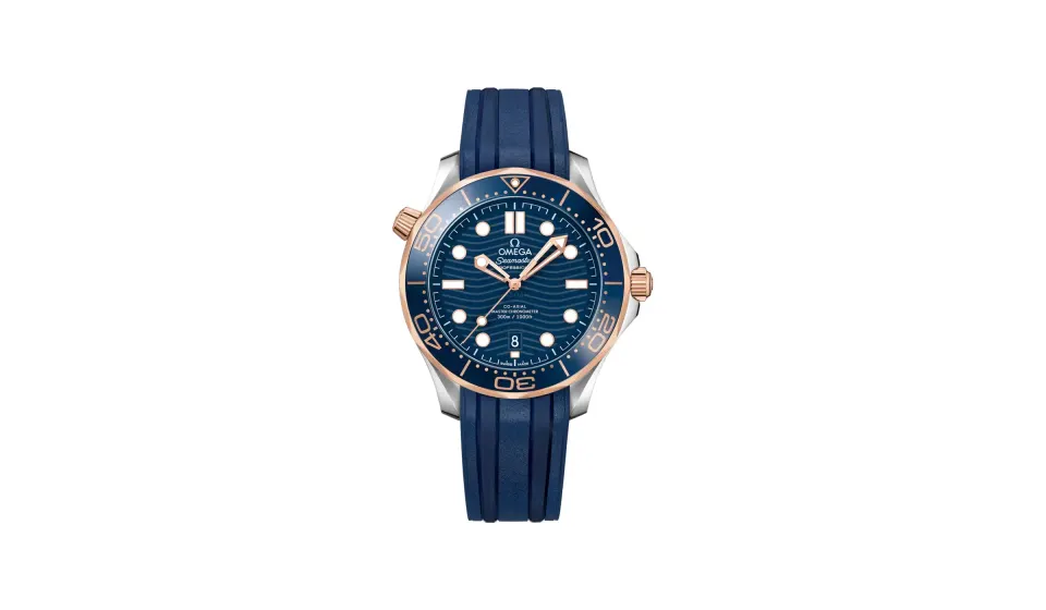Omega Seamaster Diver 300M 42 mm, steel ‑ Sedna™ gold on rubber strap