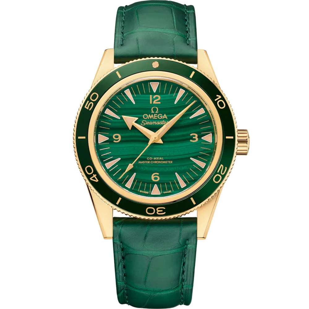Omega Seamaster 300 41 mm, yellow gold on leather strap