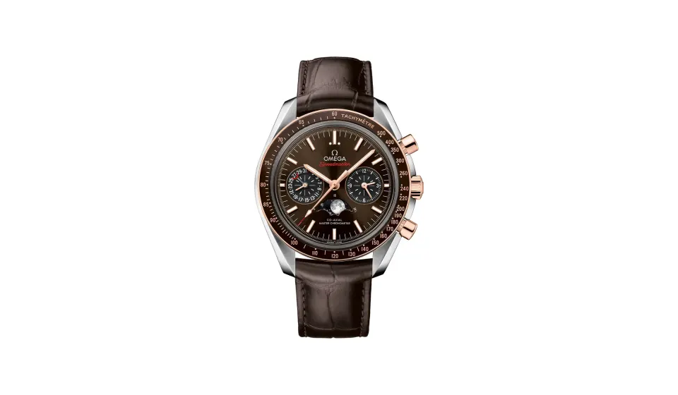 Omega Speedmaster Moonphase 44.25 mm, steel - Sedna™ gold on leather strap