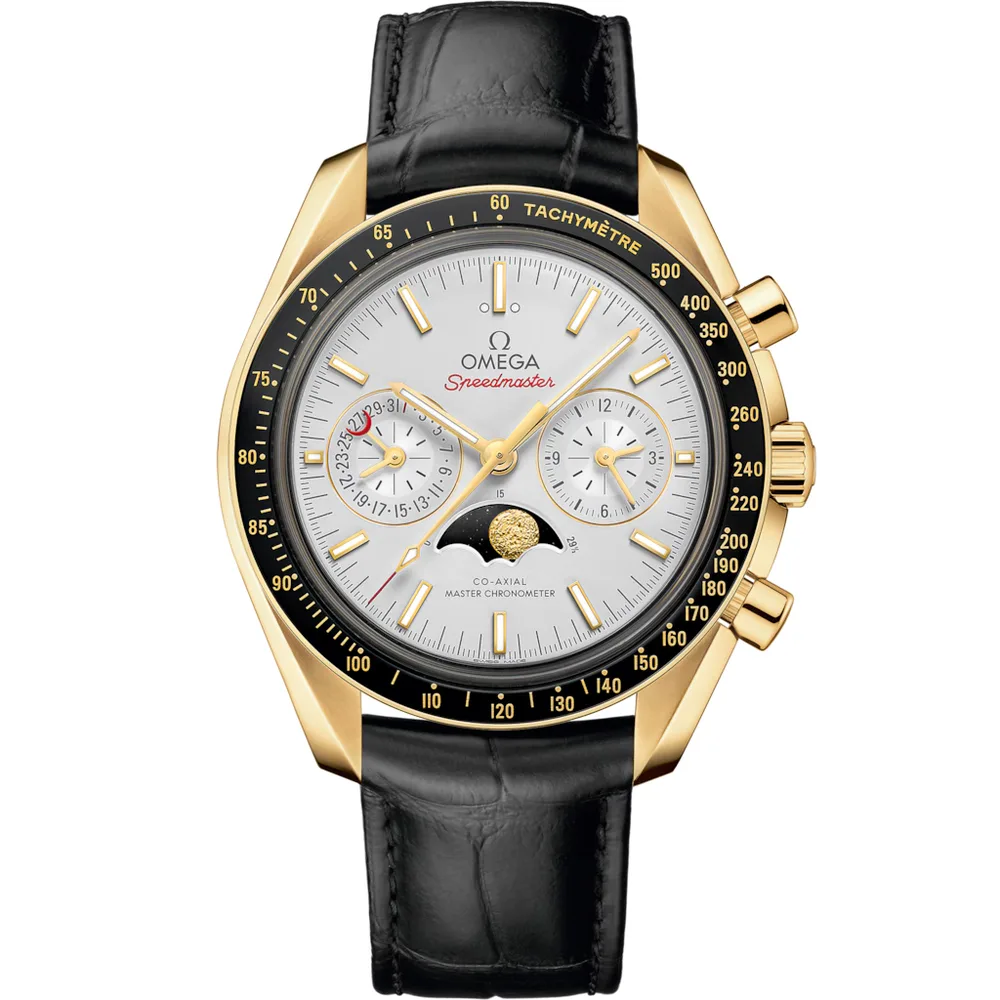 Omega Speedmaster Moonphase 44.25 mm, yellow gold on leather strap