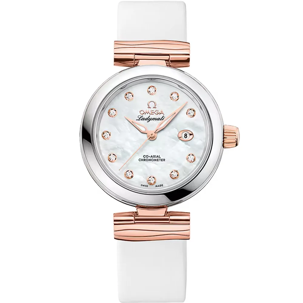 Omega De Ville Ladymatic 34 mm, steel ‑ Sedna™ gold on leather strap