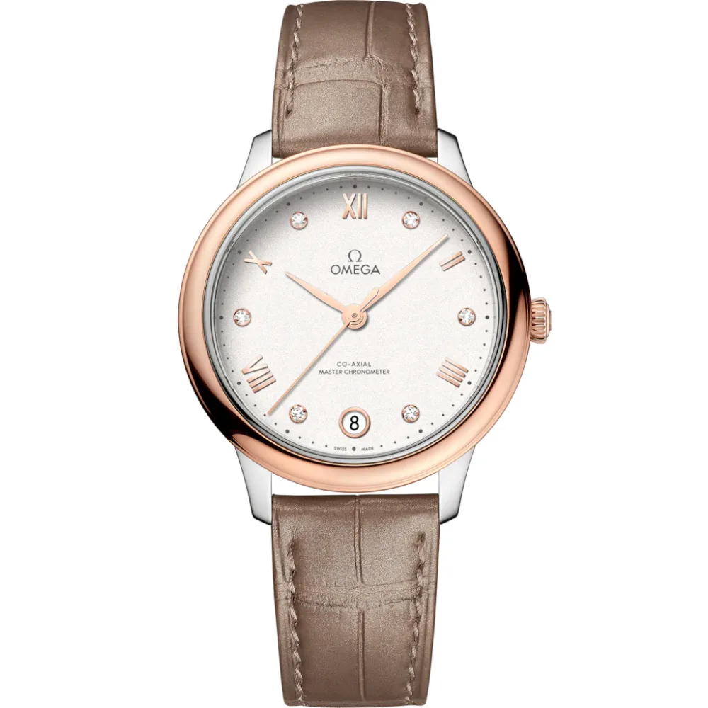 Omega De Ville Prestige 34 mm, steel ‑ Sedna™ gold on leather strap