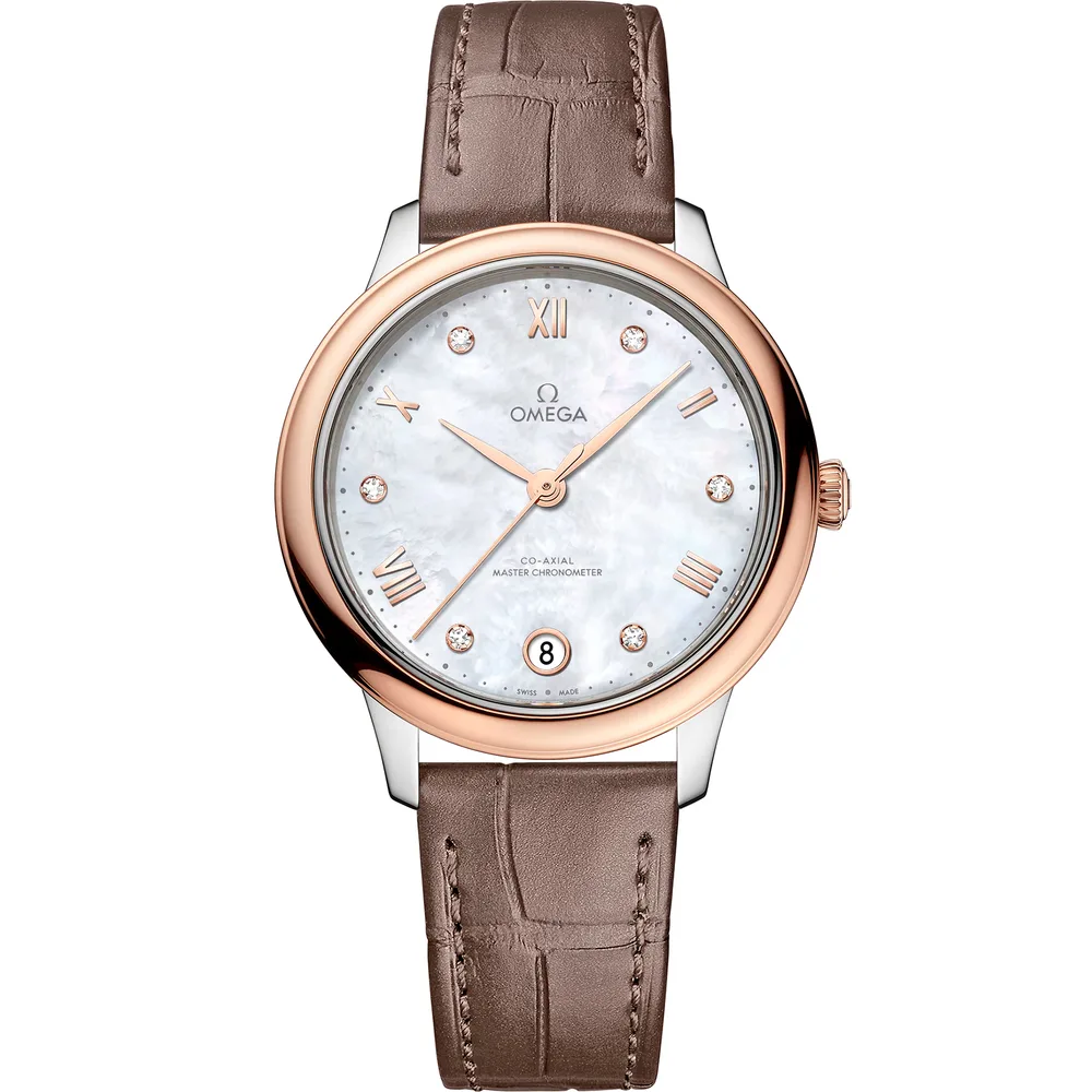 Omega De Ville Prestige 34 mm, steel ‑ Sedna™ gold on leather strap