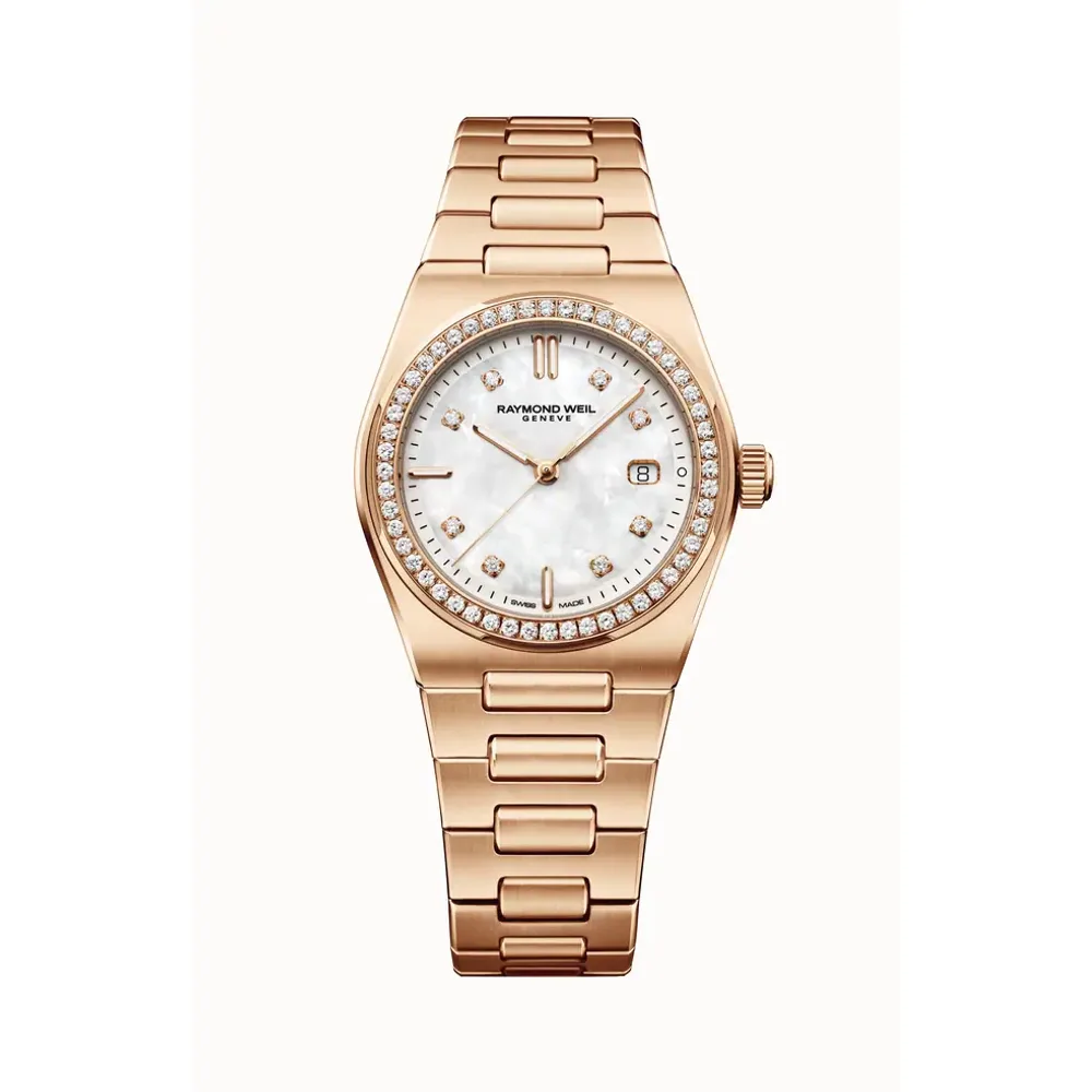 Raymond Weil A.R.T. Mother-of-pearl Dial Diamond-Set Bezel Integrated Bracelet Stainless Steel With Rose Gold PVD Quartz Watch, 30 mm